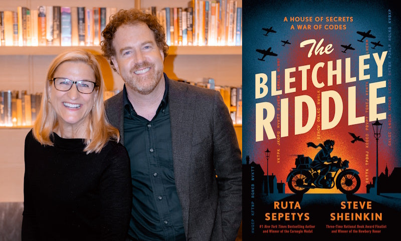 The Bletchley Riddle by Ruta Sepetys and Steve Sheinkin. Book cover and author photo.