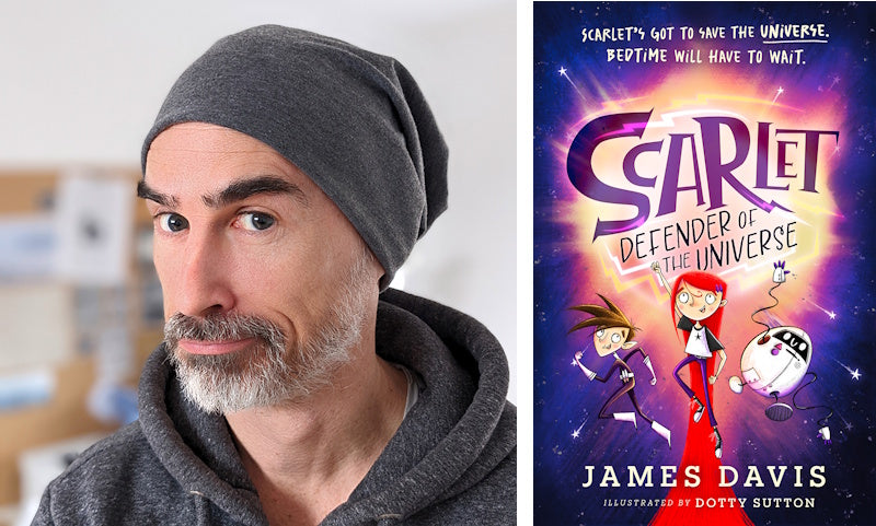 Scarlet: Defender of the Universe by James Davis. Book cover and author photo.