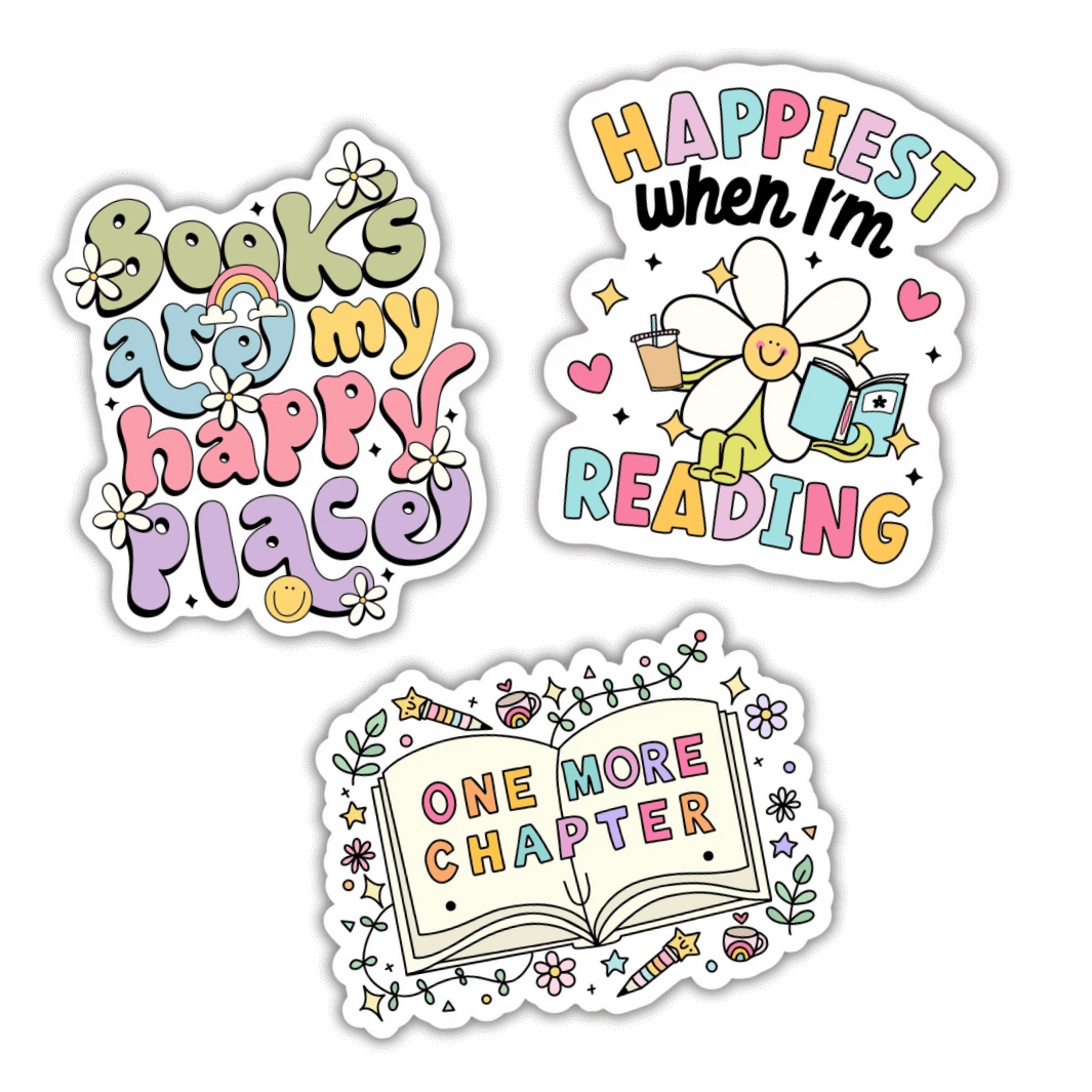 The three bookish stickers with a cute pastel aesthetic included in this pack featuring the slogans: Books Are My Happy Place, Happiest When I'm Reading and One More Chapter