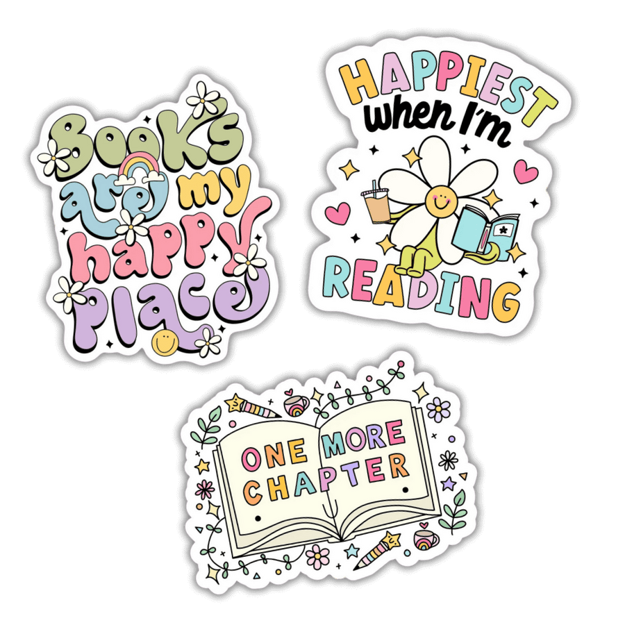 The three bookish stickers with a cute pastel aesthetic included in this pack featuring the slogans: Books Are My Happy Place, Happiest When I'm Reading and One More Chapter