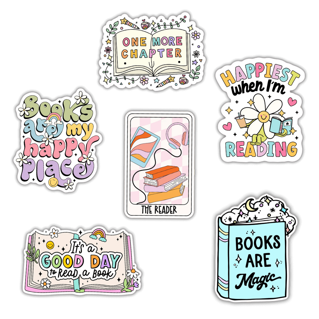 Bookish stickers in 6 cute and colourful designs