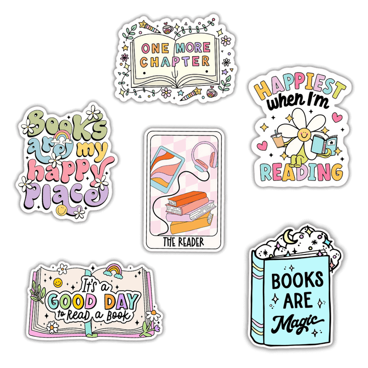 Bookish stickers in 6 cute and colourful designs