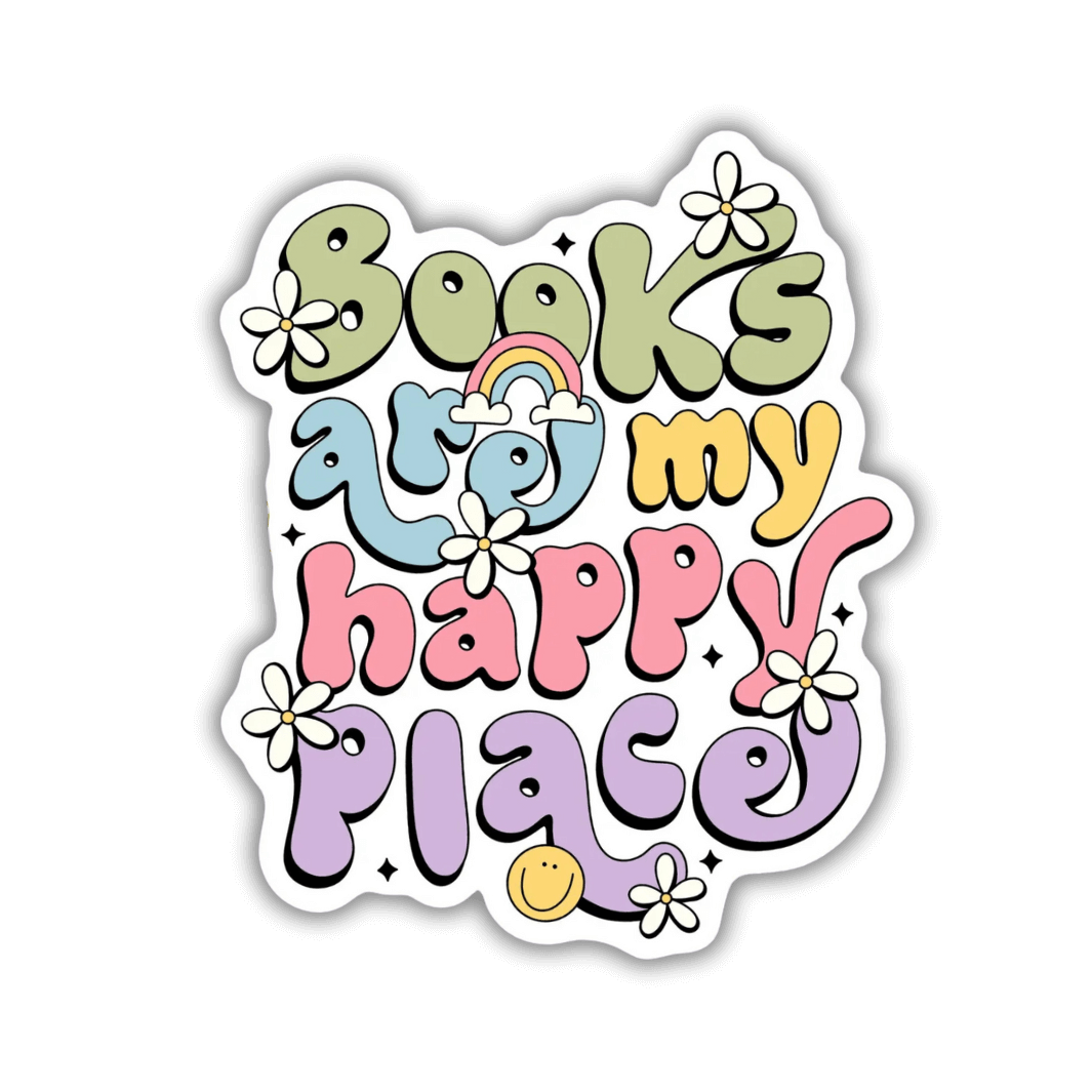 Books are My Happy Place vinyl sticker in pastel coloured bubble writing with cute motifs.