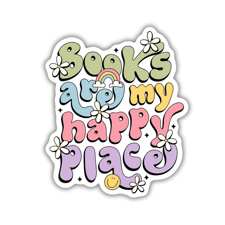 Books are My Happy Place vinyl sticker in pastel coloured bubble writing with cute motifs.