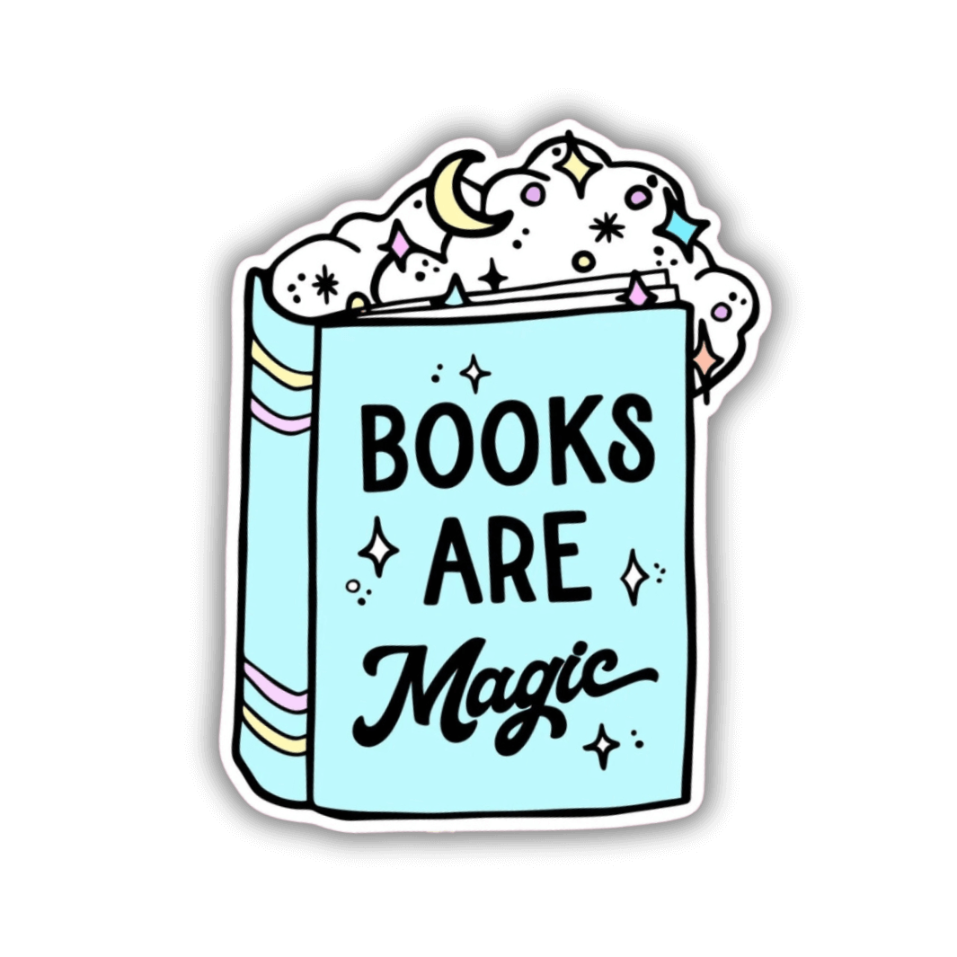 Books are Magic vinyl sticker showing a pastel blue book with magic bubbling out of the top