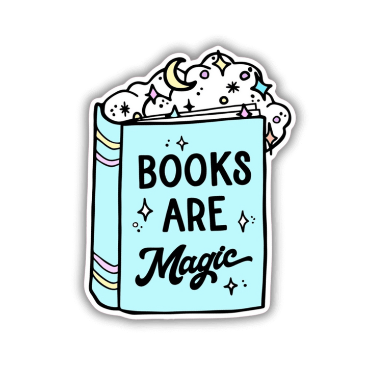 Books are Magic vinyl sticker showing a pastel blue book with magic bubbling out of the top