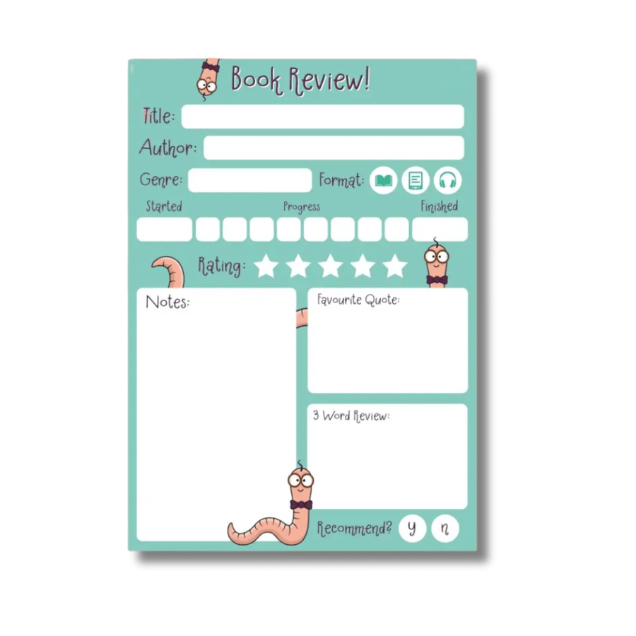 A5 Book Review notepad featuring a cute bookworm design