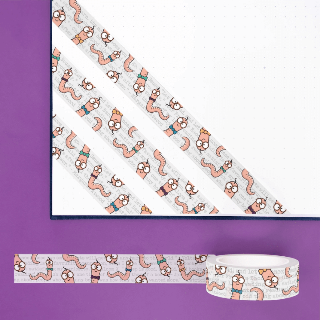 Detailed view of bookworm washi tape featuring Mark the bookworm and subtle book quotes