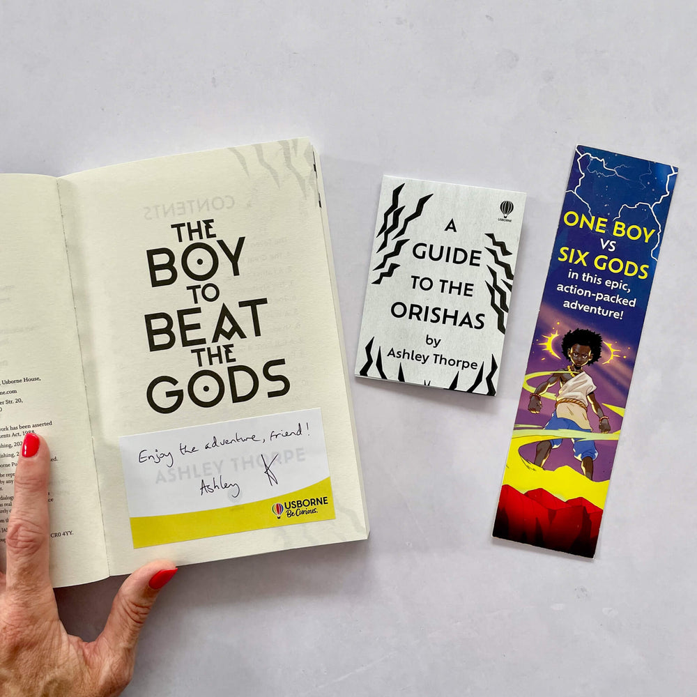 The Boy to Beat the Gods with a signed bookplate, bookmark and Guide to the Orishas by Ashley Thorpe