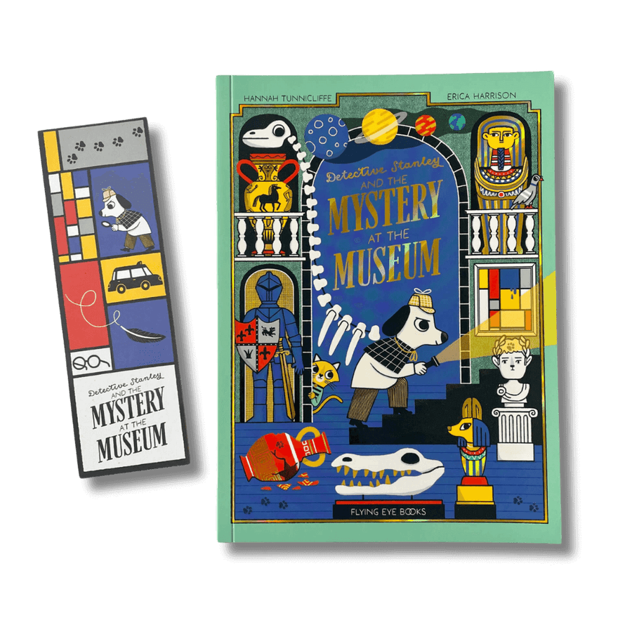 Cover of Detective Stanley and the Mystery at the Museum by Hannah Tunnicliffe and Erica Harrison with accompanying bookmark