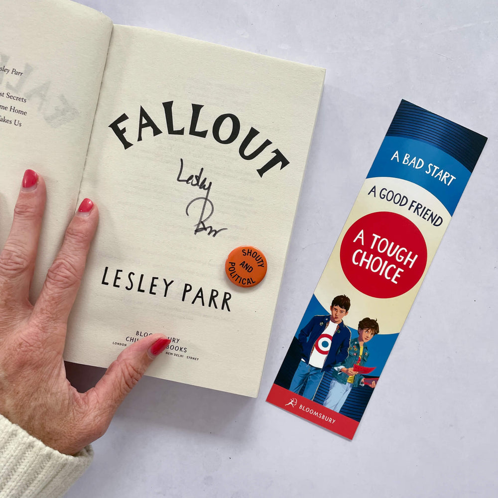 Fallout signed by author Lesley Parr with bookmark and pin badge