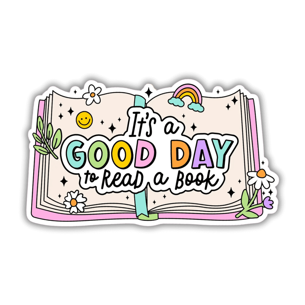 It's a Good Day to Read a Book vinyl sticker showing an open book and colourful and cute pastel motifs