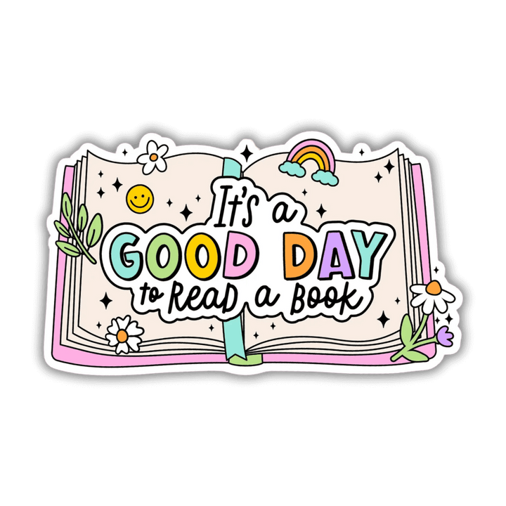 It's a Good Day to Read a Book vinyl sticker showing an open book and colourful and cute pastel motifs