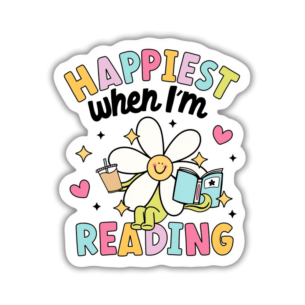 Happiest When I'm Reading vinyl sticker in colourful pastels with a smiling flower reading a book and drinking from a cup