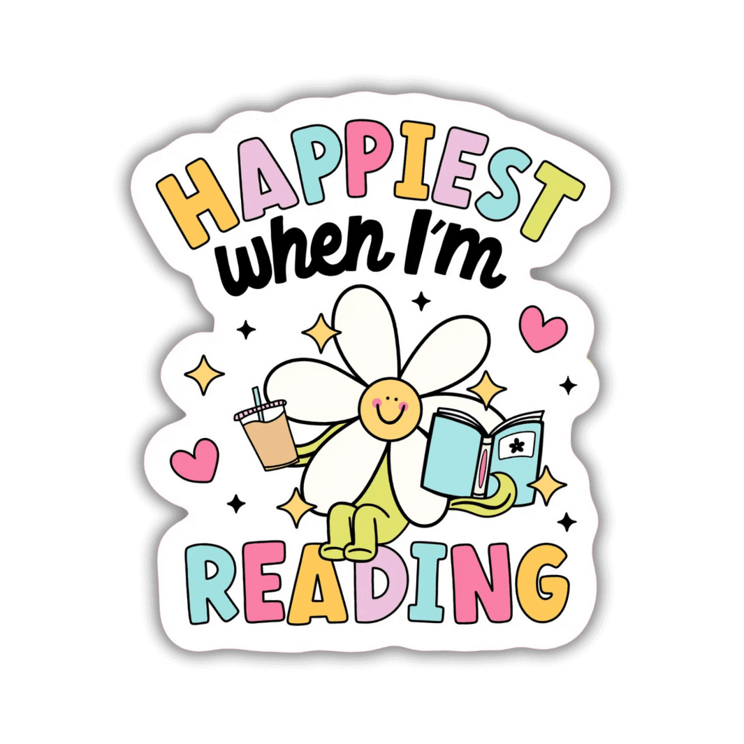 Happiest When I'm Reading vinyl sticker in colourful pastels with a smiling flower reading a book and drinking from a cup