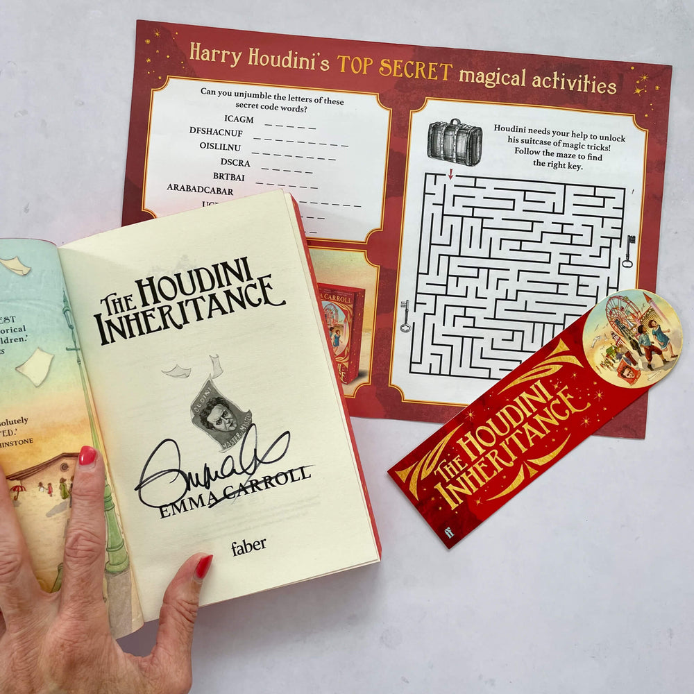 The Houdini Inheritance signed by author Emma Carroll with a bookmark and activity sheet