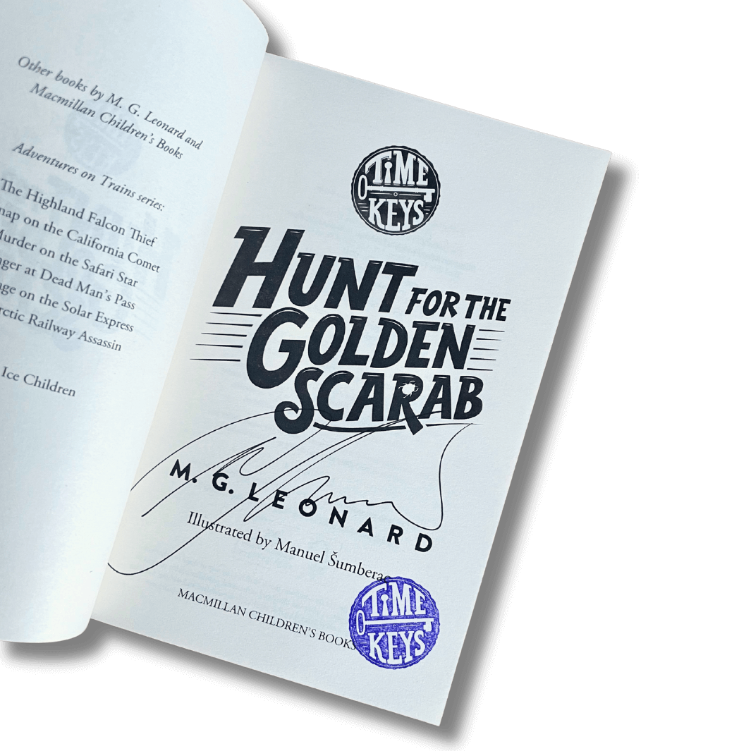 Signed and stamped copy of Hunt for the Golden Scarab by M. G. Leonard