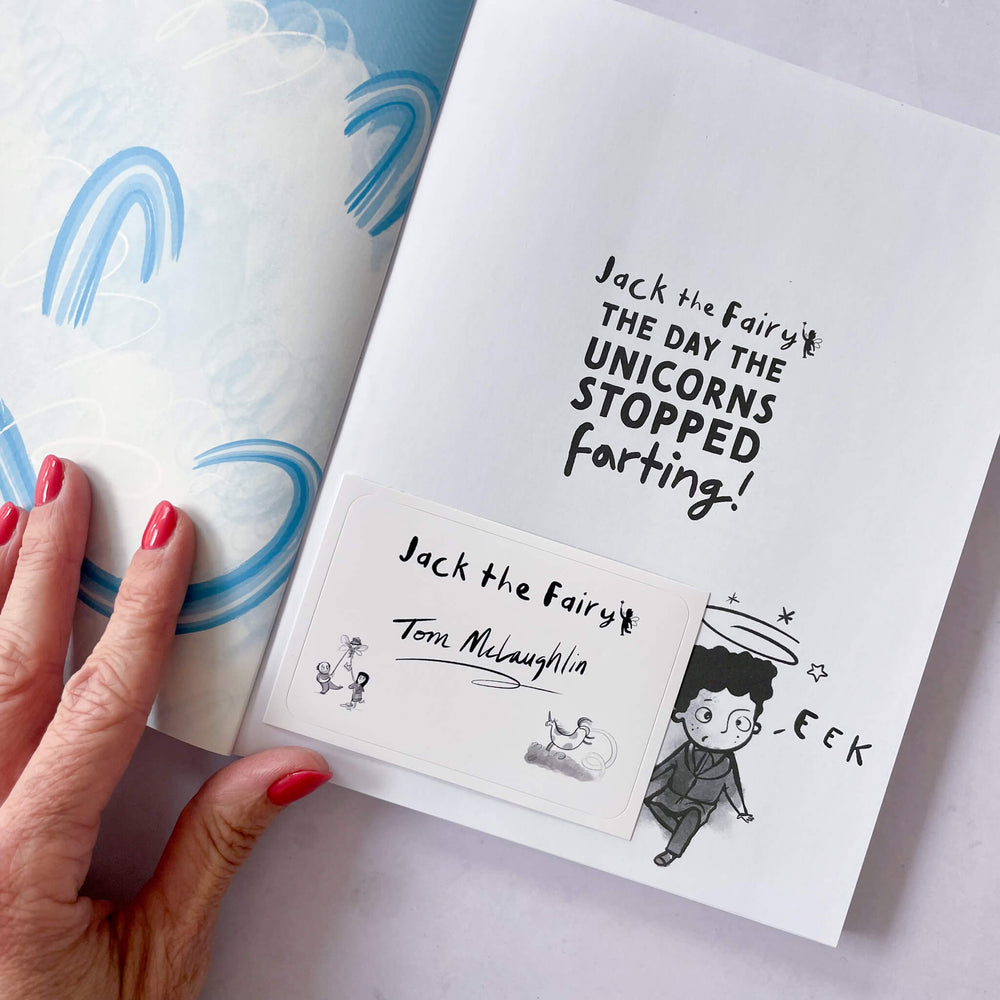 Interior of Jack the Fairy and the Day the Unicorns Stopped Farting with a bookplate signed by Tom McLaughlin