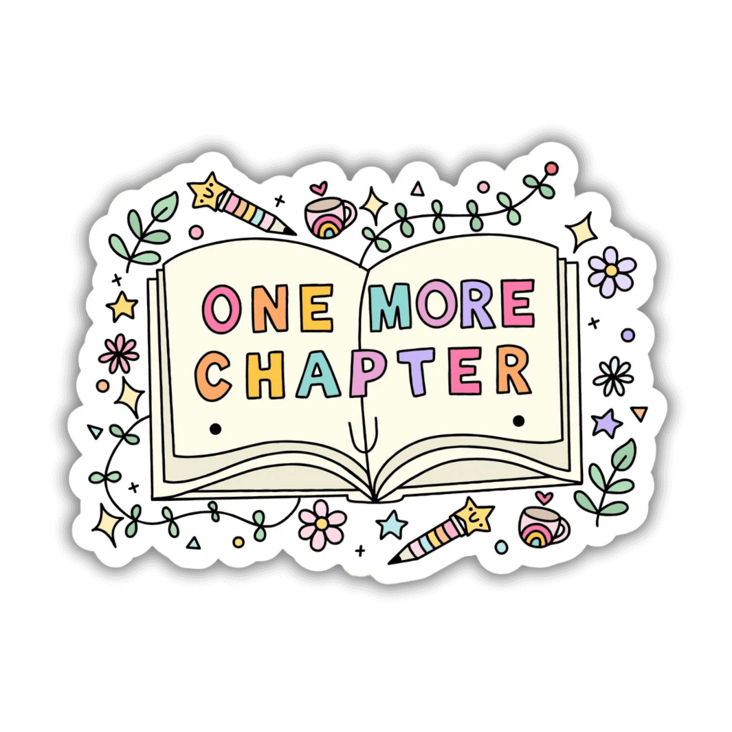 One More Chapter vinyl sticker showing an open book and surrounded by cute pastel coloured motifs.