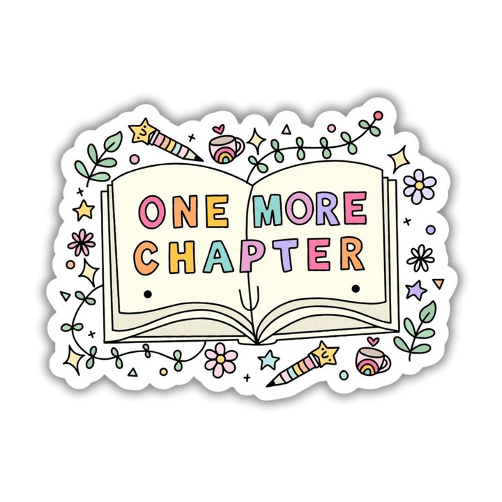 One More Chapter vinyl sticker showing an open book and surrounded by cute pastel coloured motifs.