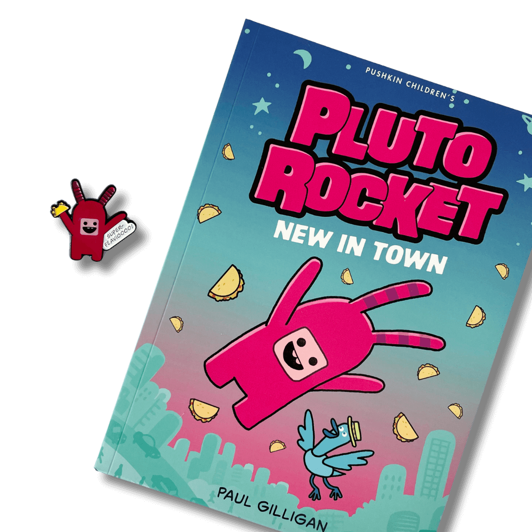 Pluto Rocket: New in Town by Paul Gilligan with cute enamel pin badge