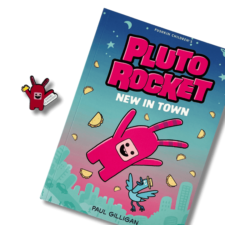 Pluto Rocket: New in Town by Paul Gilligan with cute enamel pin badge