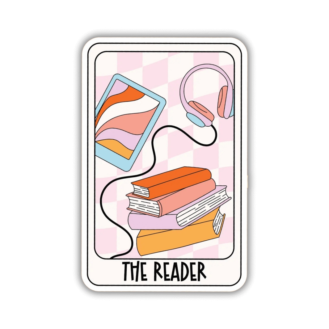 The Reader vinyl sticker in shape of a tarot card showing a pile of books, a kindle and headphones.