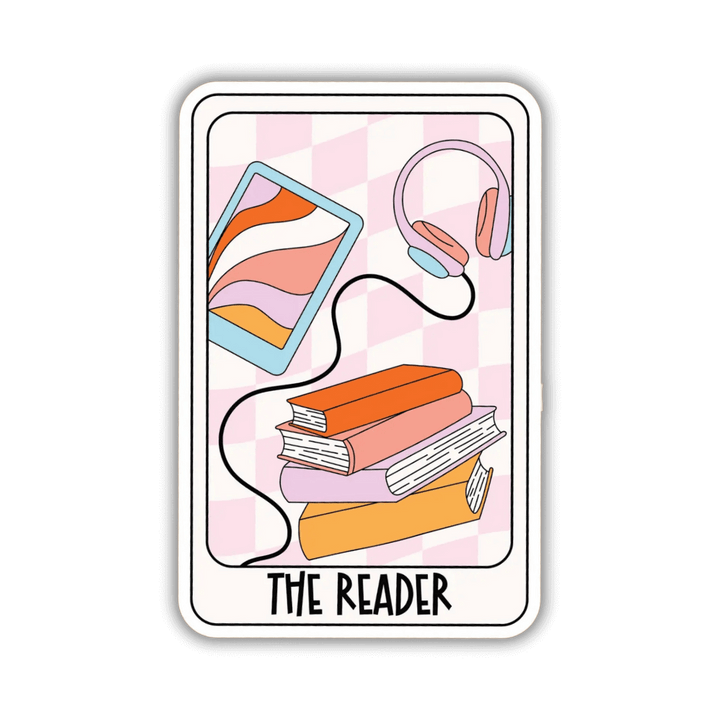 The Reader vinyl sticker in shape of a tarot card showing a pile of books, a kindle and headphones.