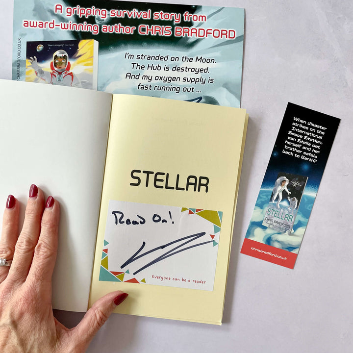 Stellar with bookplate signed by author Chris Bradford, a poster and bookmark