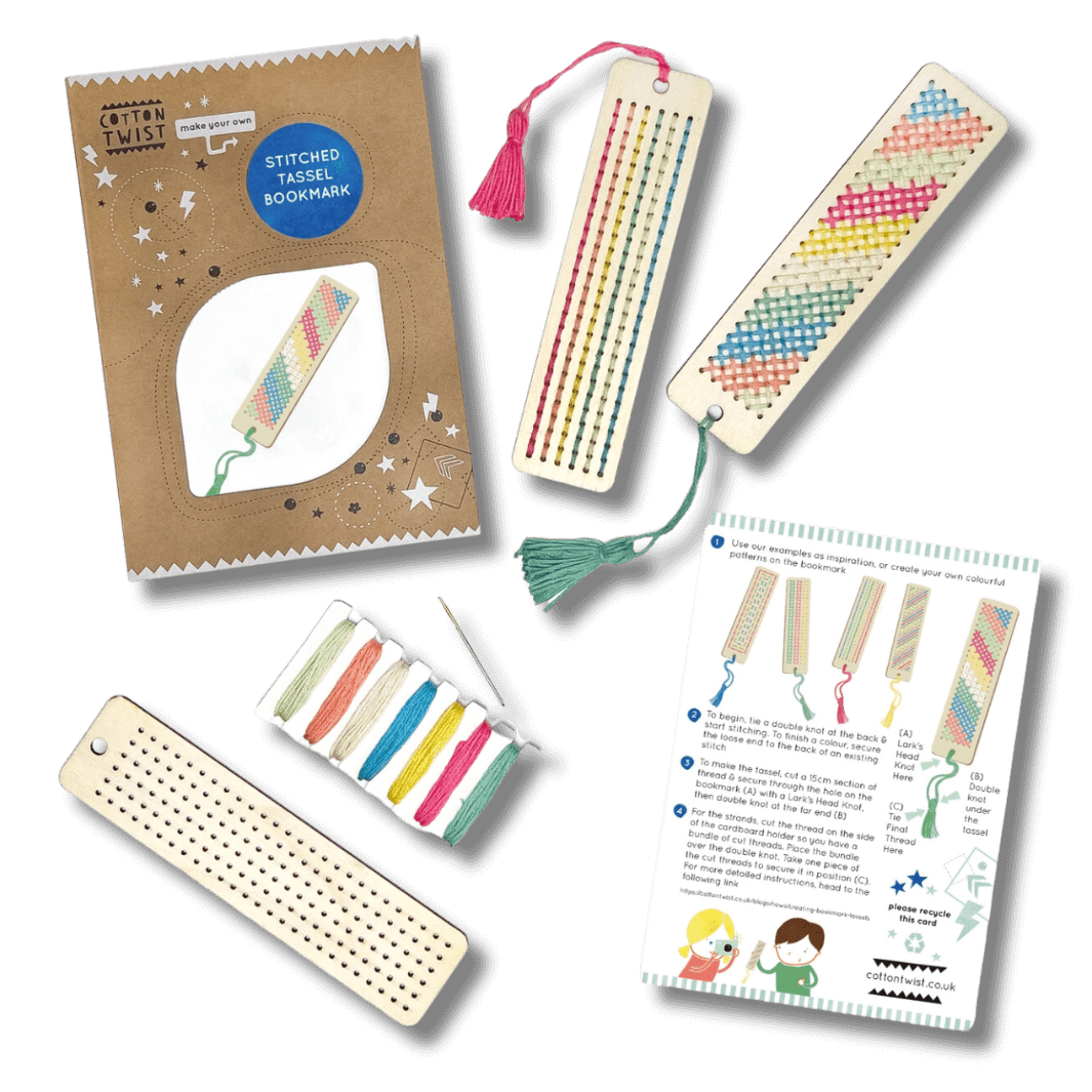 Make your own stitched tassel bookmark kit from Cotton Twist including thread, needle and instructions