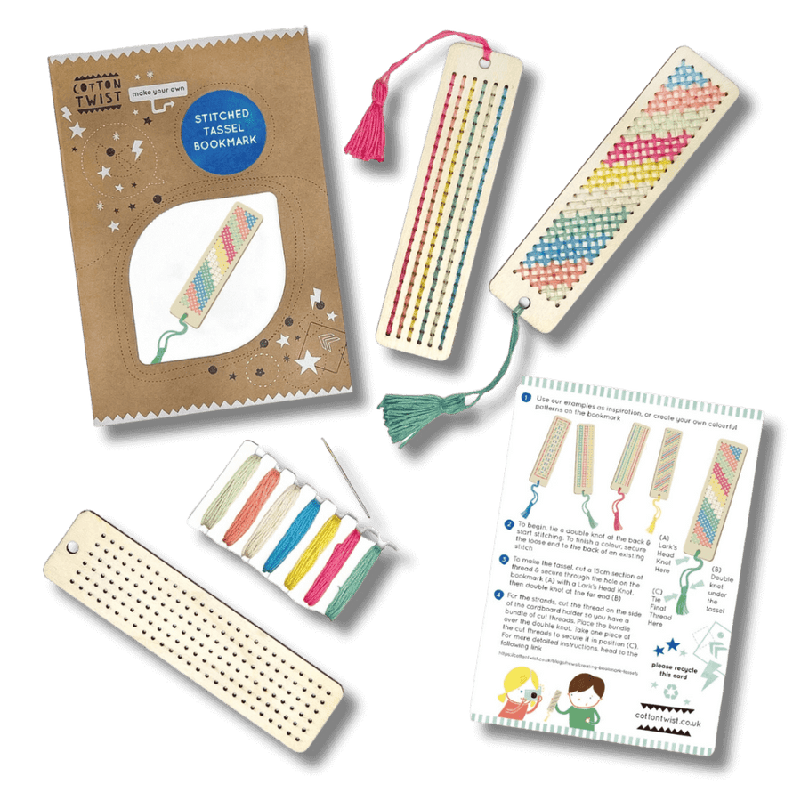Make your own stitched tassel bookmark kit from Cotton Twist including thread, needle and instructions