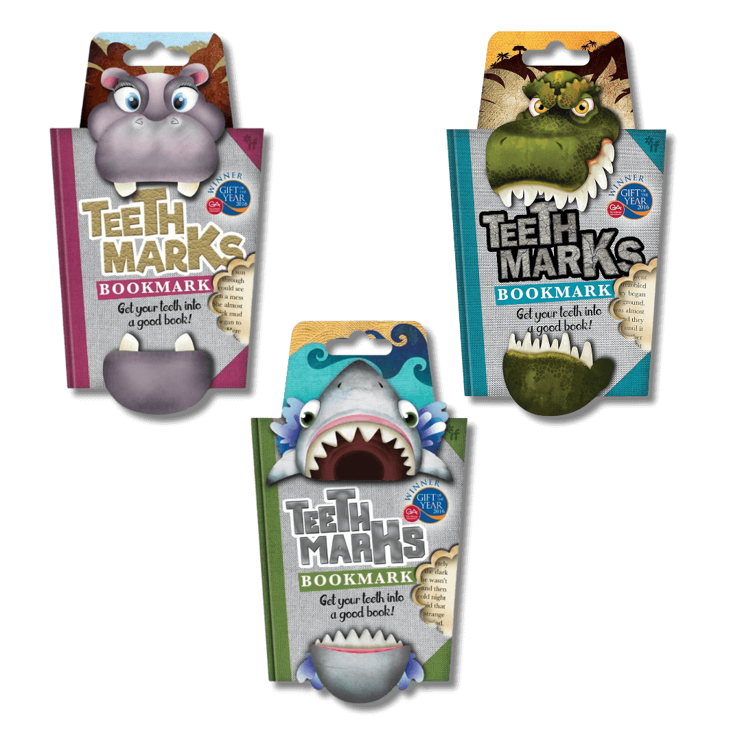 Teethmarks bookmark in 3 designs - hippo, t-rex and shark