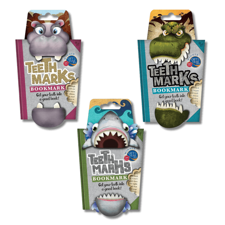 Teethmarks bookmark in 3 designs - hippo, t-rex and shark