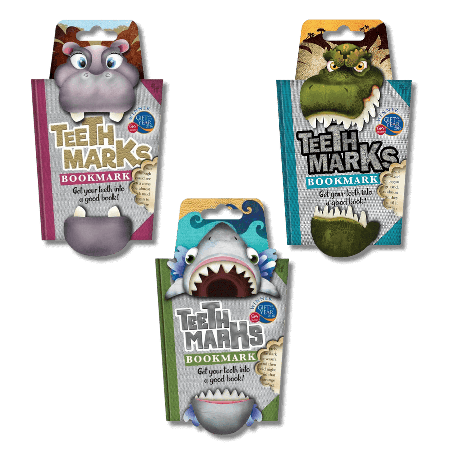 Teethmarks bookmark in 3 designs - hippo, t-rex and shark