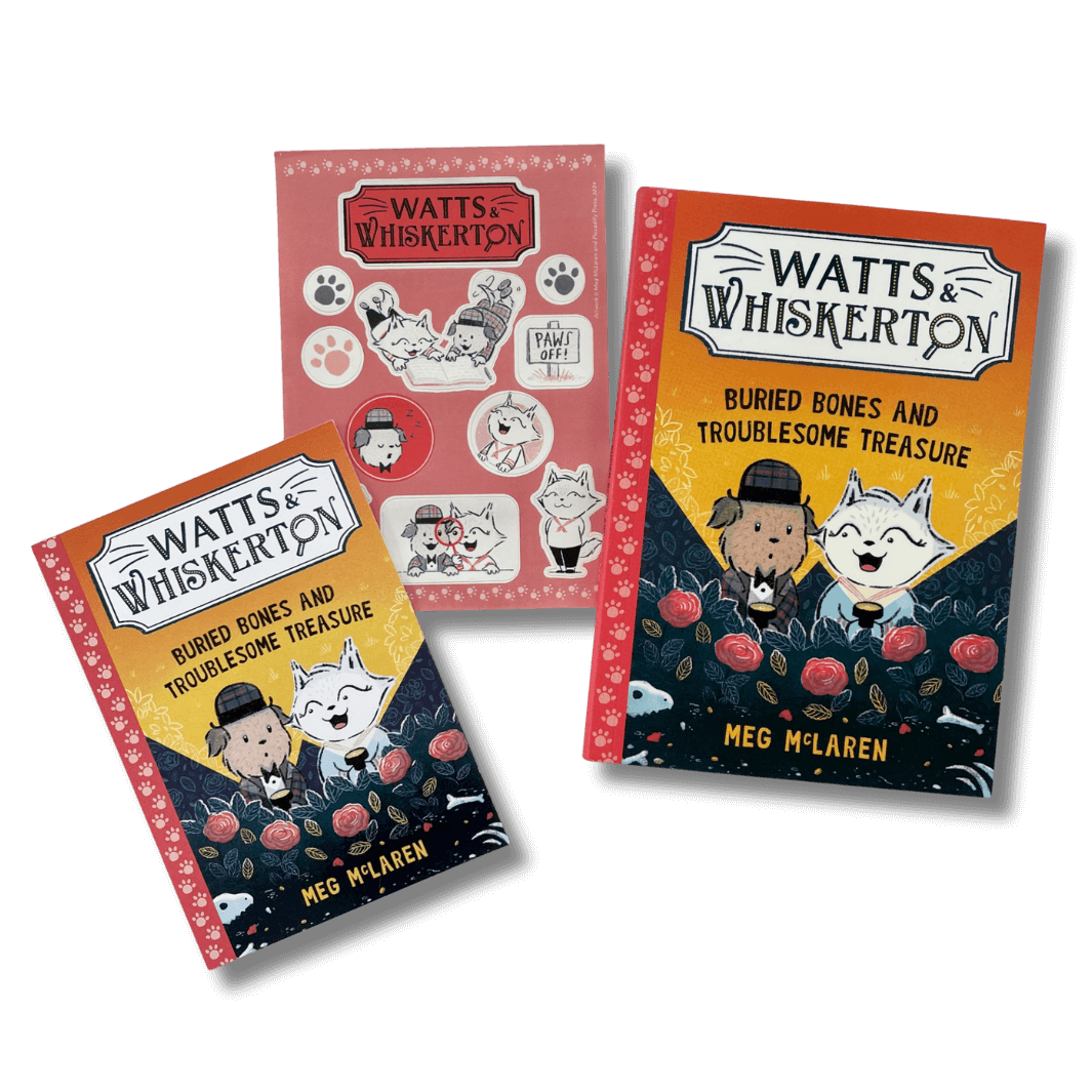 Watts and Whiskerton: Buried Bones and Troublesome Treasure with stickers and a postcard