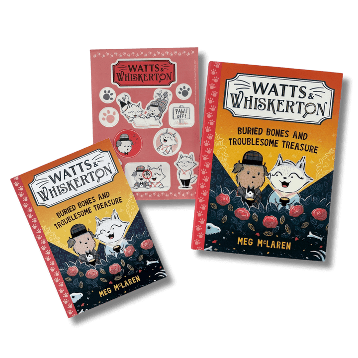 Watts and Whiskerton: Buried Bones and Troublesome Treasure with stickers and a postcard